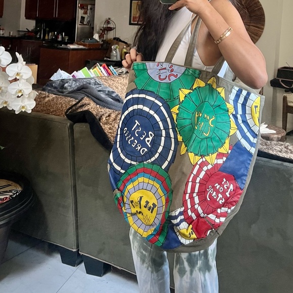 Vintage See By Chloe Large Green Canvas Painted Tote Bag - Picture 8 of 8